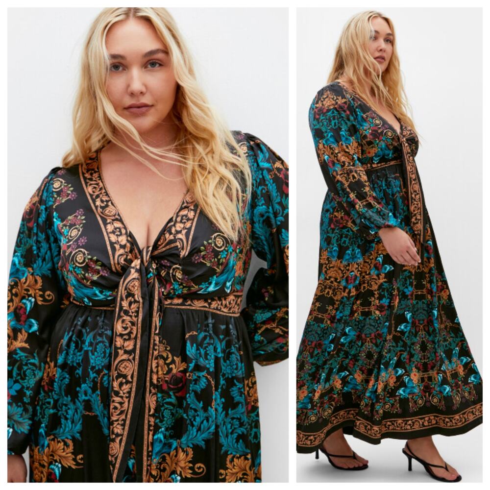 City Chic Black Baroque Floral Tie Front Maxi Dress XXL Plus NWT